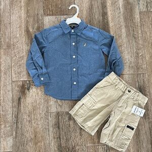 Nautica chambray long-sleeve shirt paired with khaki cargo shorts NWT